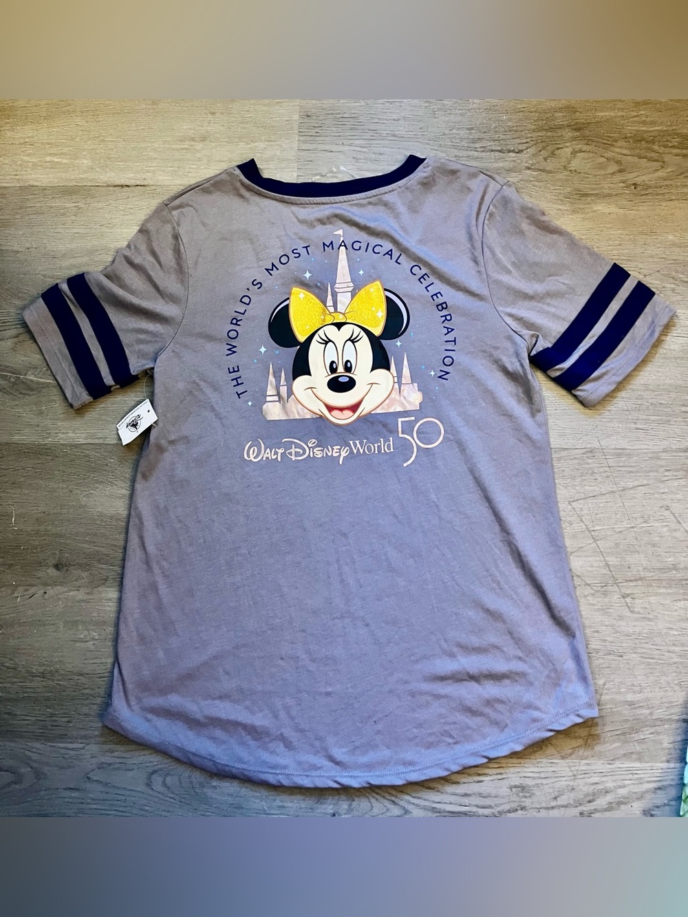 NWT Women’s Size Small Disney Light Gray V-Neck Tee with Navy Trim - Picture 2 of 6